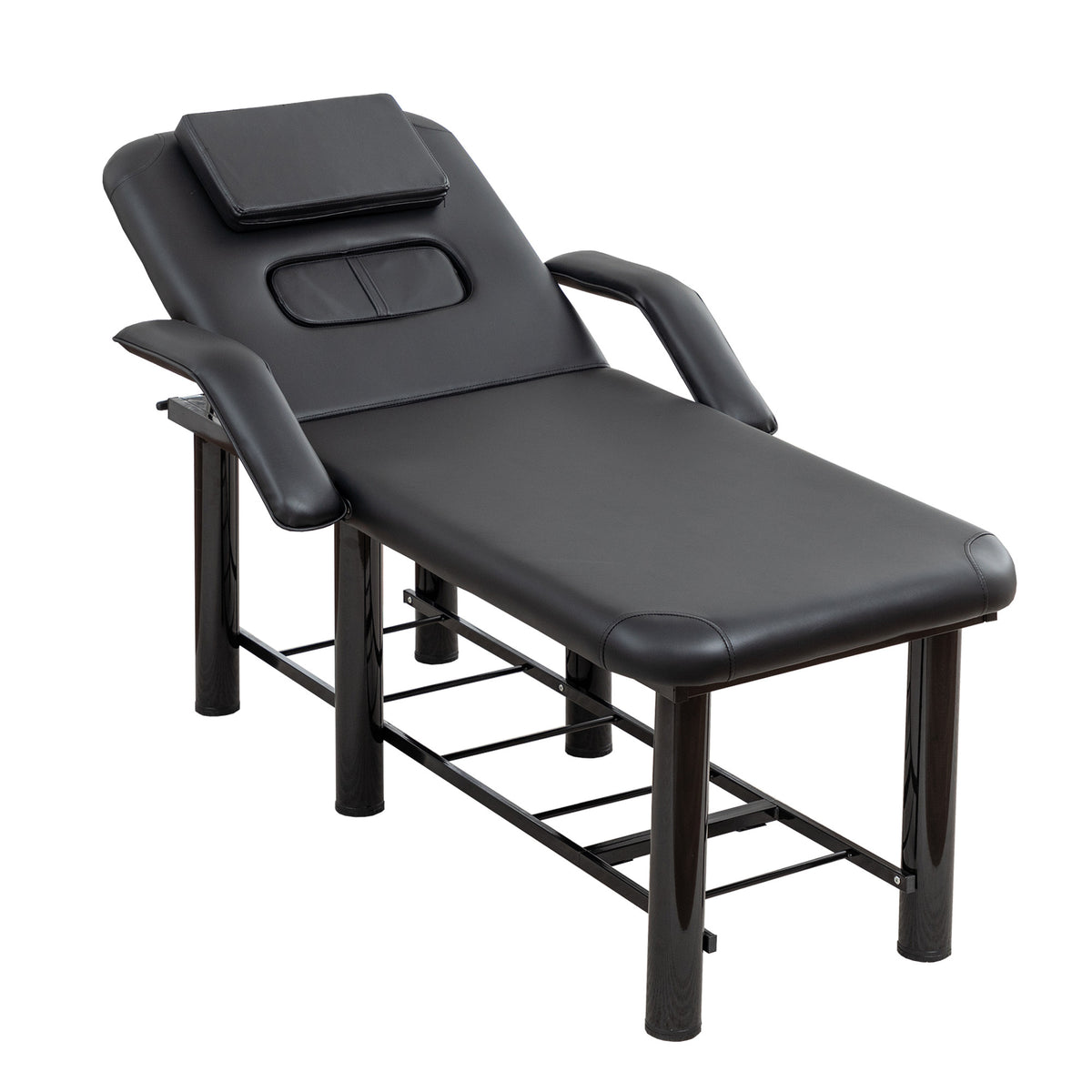Professional Black Beauty Bed with Removable Headrest & Breast Cushions, Armrests and Storage Shelf for Massage, Facial, Tattoo & Spa