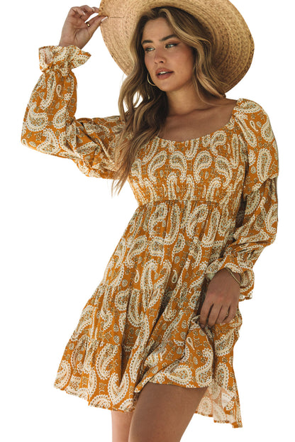 Yellow Boho Paisley Floral Print Long Sleeve Short Dress - Eloy Royal