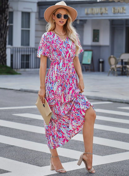 Wholesale Rose Boho Abstract Print V Neck Short Sleeve Maxi Wrap Dress - Eloy Royal