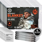 72 HRS MIL-SPEC Emergency Space Blankets – Mylar Survival or Emergency Thermal Blankets for Camping Hiking Marathon First Aid Emergency Preparedness Extreme Weather Shelter (12-Pack)
