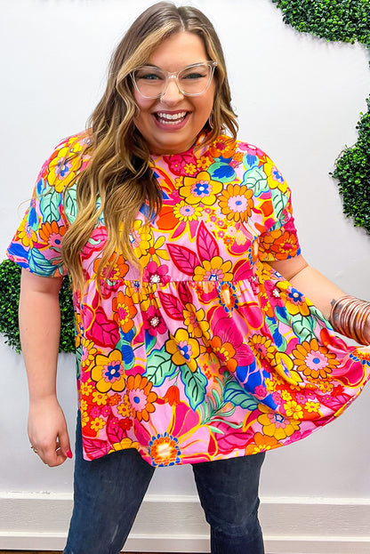 Pink Boho Floral Print Plus Size Babydoll Blouse - Eloy Royal