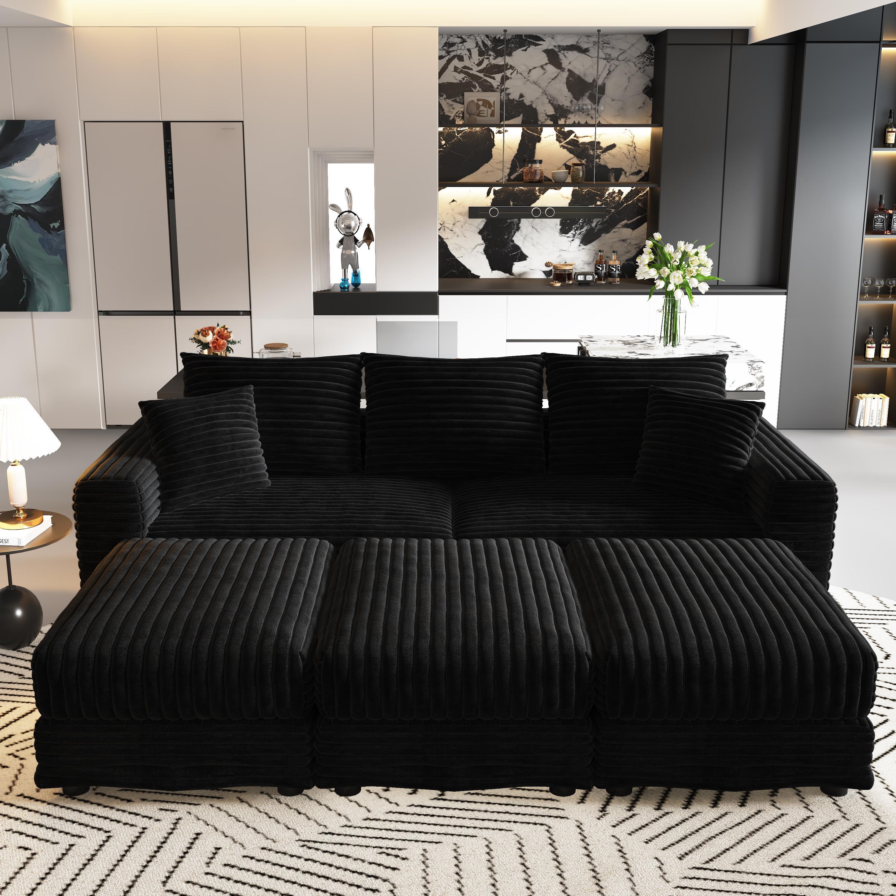 82.7 'Plush Corduroy 3-Seat Sofa,Modern Comfy Upholstered Sofa Cloud Couch,Deep Seat Couches with Soft Pillows and 3 Ottomans,Convertible Sofa Lounge Chair,Black - Eloy Royal