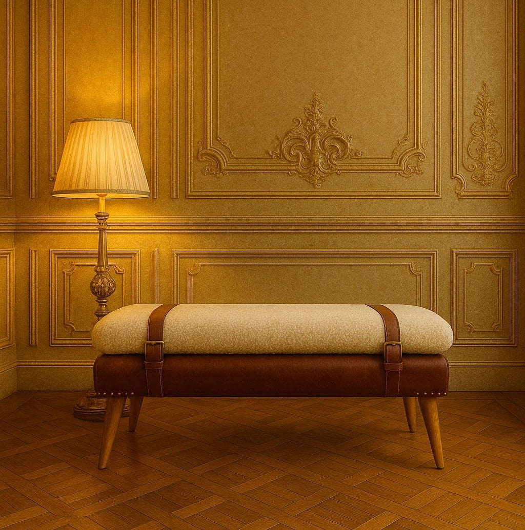 Solid Wood Boucle, Leather Upholstered Bench, Beige and Brown