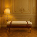 Solid Wood Boucle, Leather Upholstered Bench, Beige and Brown