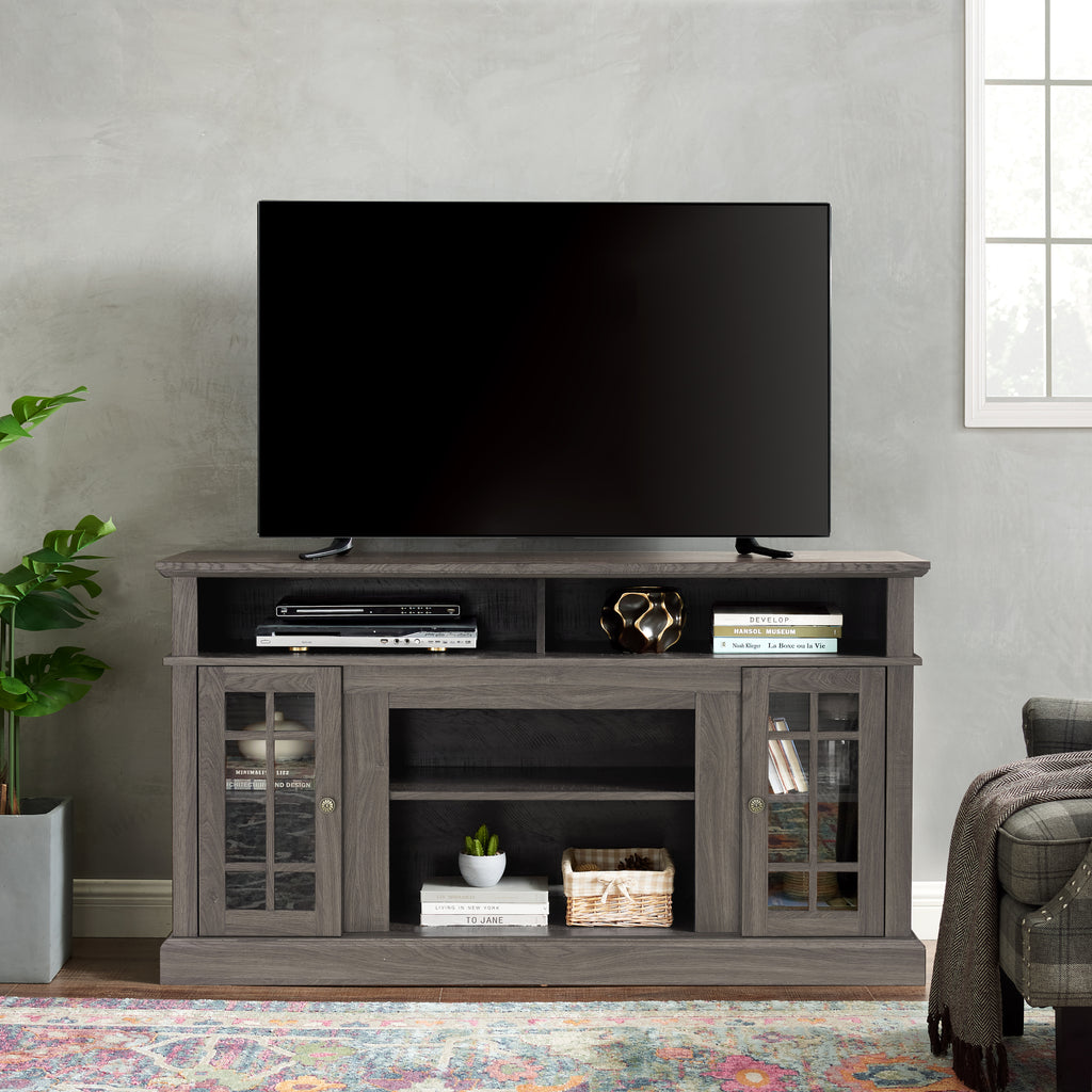 Classic TV Media Stand Modern Entertainment Console for TV Up to 65' with Open and Closed Storage Space, Dark Walnut/Black, 58.25'W*15.75'D*32'H