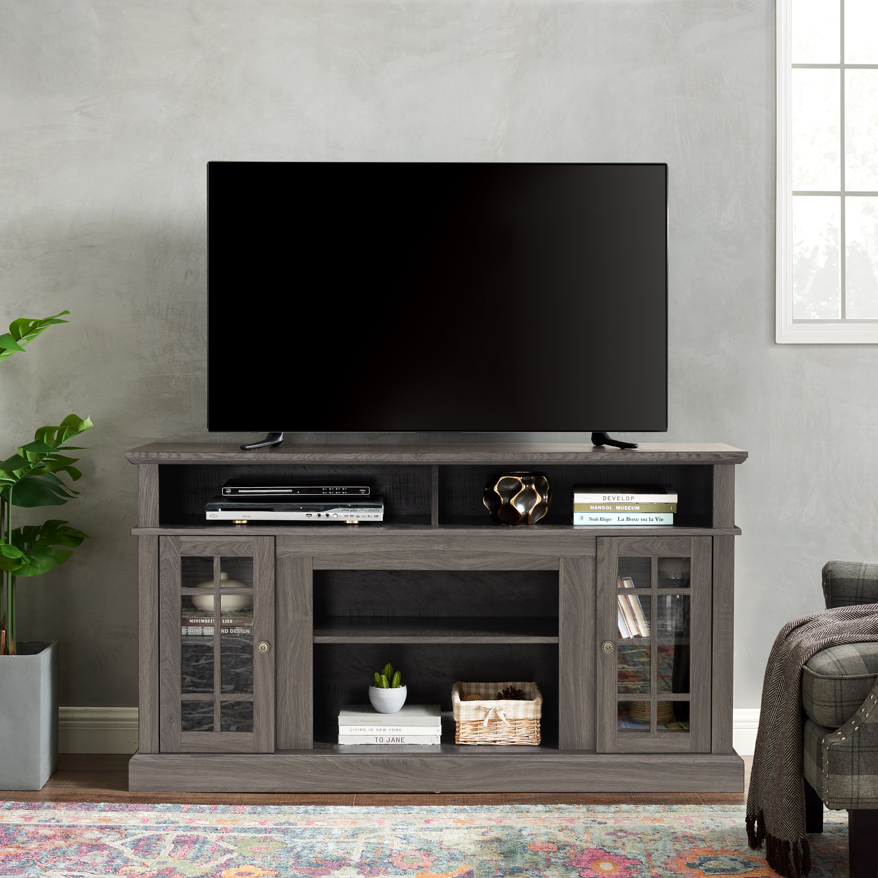 Classic TV Media Stand Modern Entertainment Console for TV Up to 65' with Open and Closed Storage Space, Dark Walnut/Black, 58.25'W*15.75'D*32'H