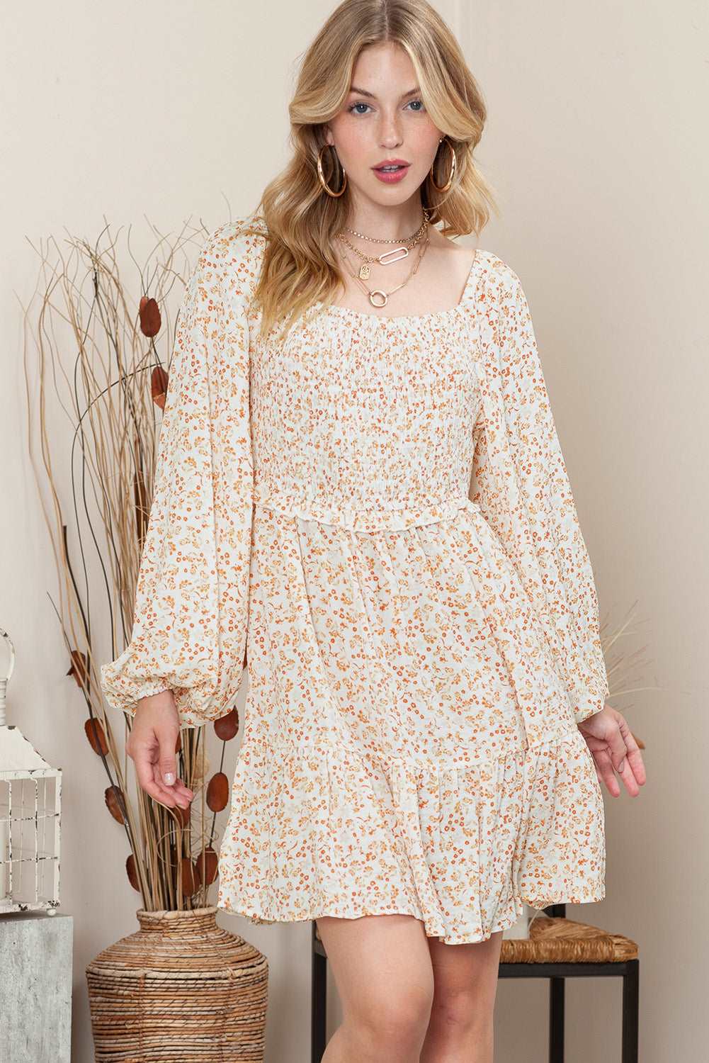 Apricot Boho Floral Smocked Puff Sleeve Short Dress