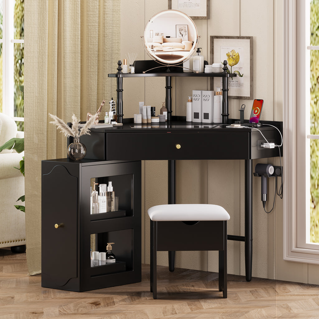 Corner Vanity Desk Set with Storage Cushioned Stool and Charging Station, Triangle Makeup Desk with Removable Pull-Out Side Cabinet, Glass Tabletop Makeup Vanity Desk with Drawer and Shelf, Black