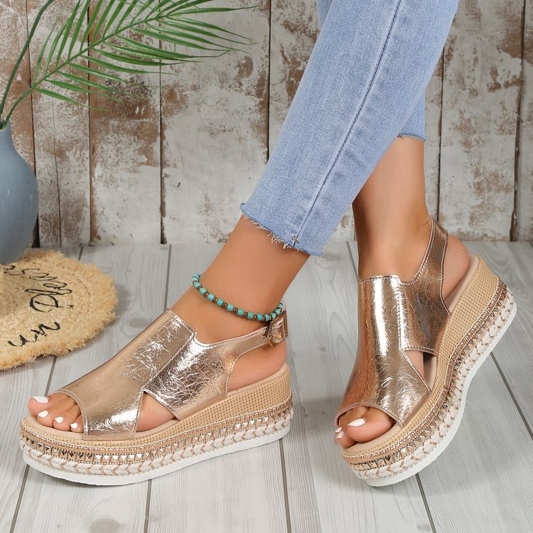 Summr Shiny Sandals Hollow Design Fish Mouth Sandal For Women Fashion Buckle Wedges Shoes - Eloy Royal