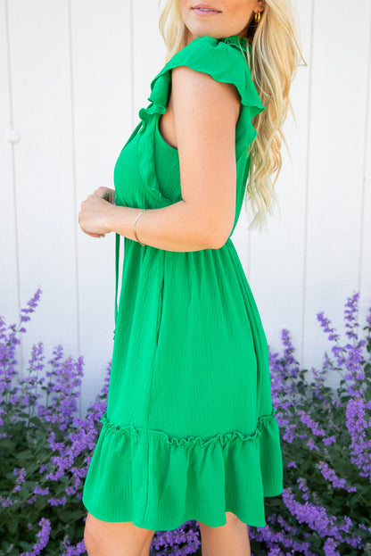 Bright Green Split V Neck Elastic Waist Ruffled Mini Dress - Eloy Royal