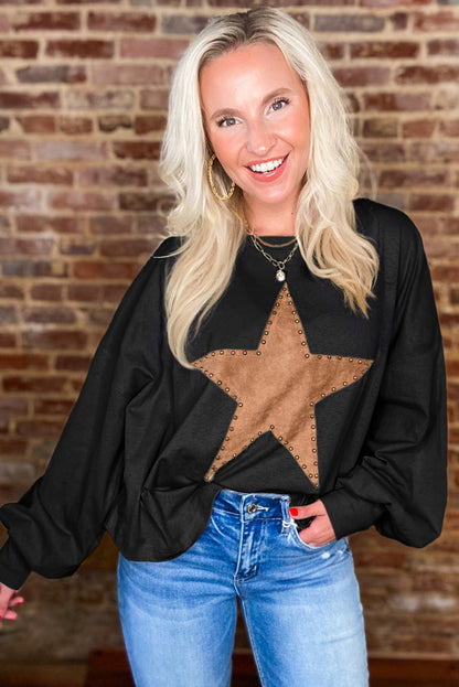 Black Studded Star Graphic Oversized Top