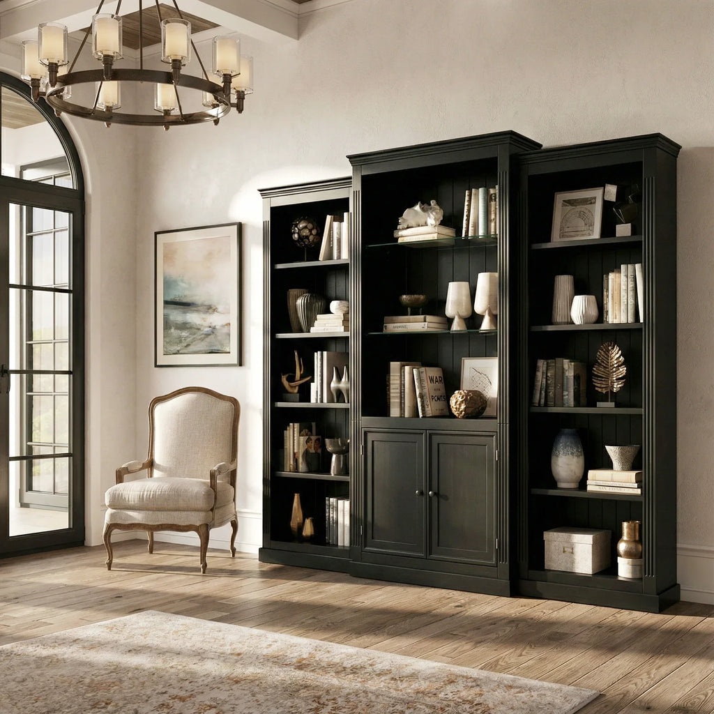 78.75'' Tall 3-Pieces Bookcase, Display Cabinet with 5 Colors Adjustable LED Ceiling Light, Retro style Bookshelves with tempered glass shelves for Living Room, Office, Studio or Workspace, Black - Eloy Royal