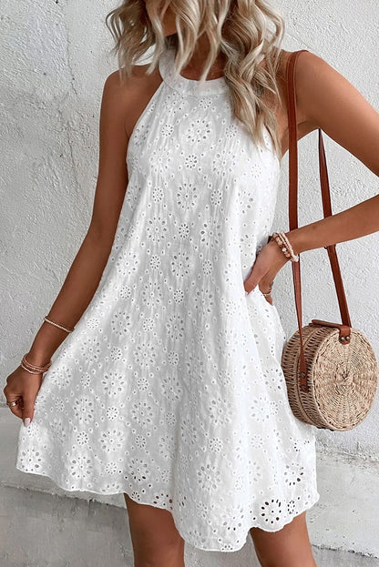 White Lace Eyelet Sleeveless O-Neck Keyhole Back Mini Dress - Eloy Royal