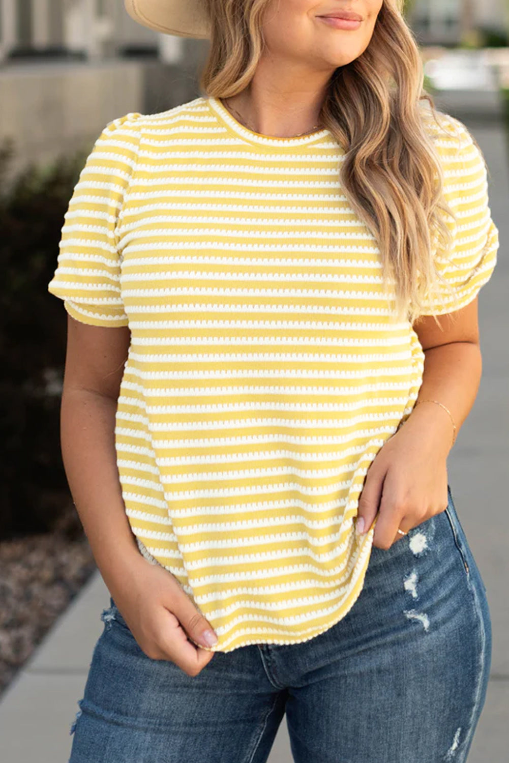 Yellow Stripe Short Puff Sleeve Plus Size Top - Eloy Royal