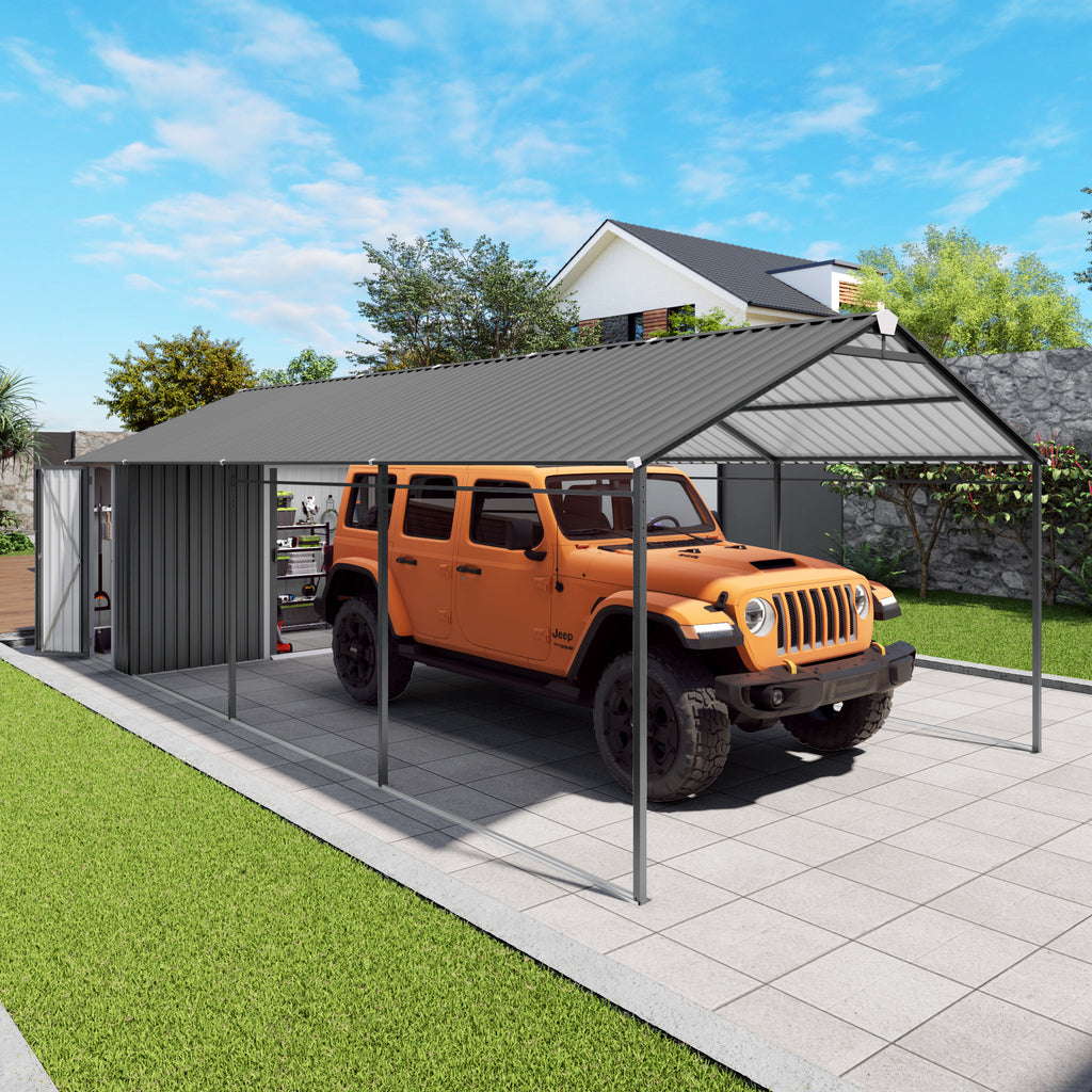 12x25 FT Galvanized Steel Carport with 12x20 FT Car Shelter & 12x5 FT Storage Shed, Heavy Duty Waterproof Snow Load Resistant Outdoor Garage for Car, Truck, Boat & Garden Tools, Grey