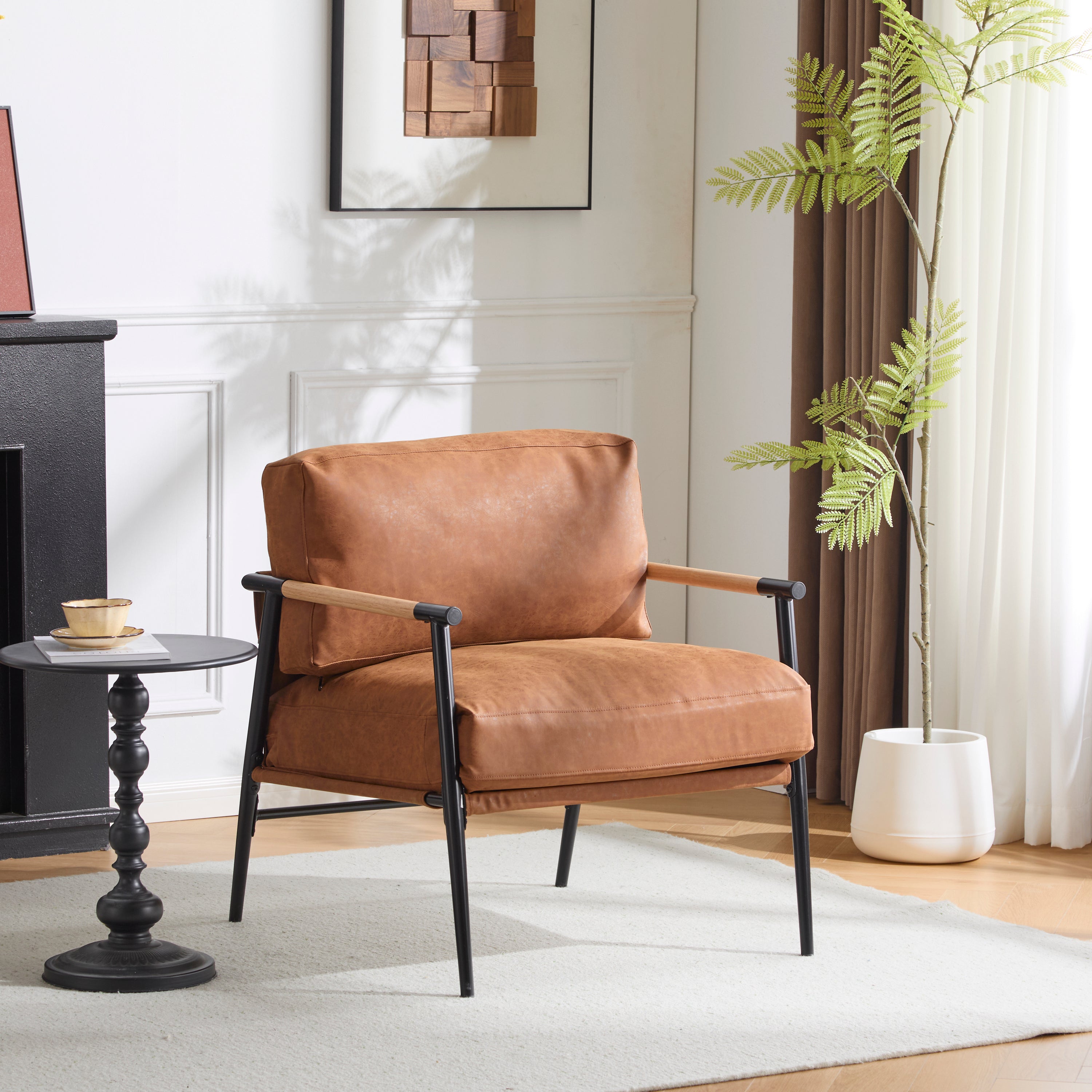 27.56' Modern Accent Chair with Plush Cushions, Minimalist Metal Frame, and Wooden Armrest Design – Perfect for Cozy Living Room, Bedroom, or Office Seating