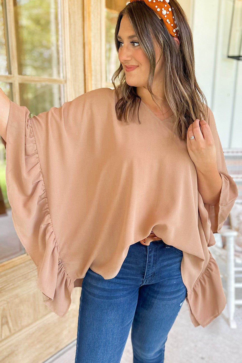 Smoke Gray Plus Size Ruffled Dolman Sleeve V Neck Blouse - Eloy Royal