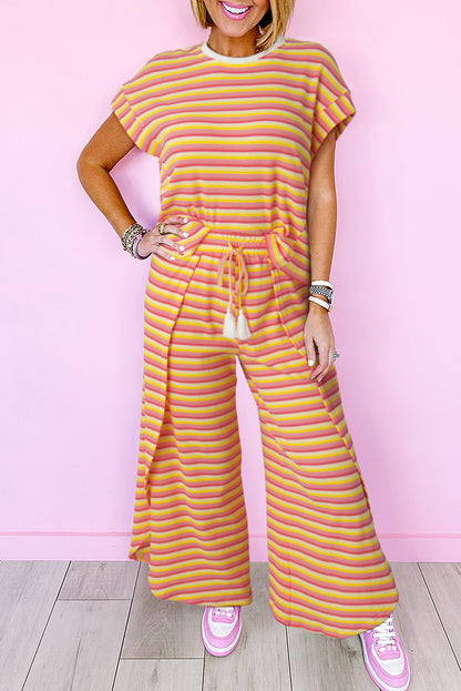 Pink Stripe Rainbow Tee and Tassel Drawstring Wide Leg Pants Set - Eloy Royal