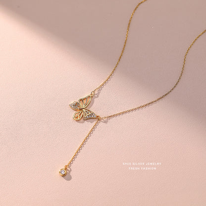 S925 Silver Hollow Butterfly Necklace With Rhinestones Luxury Diamond Tassel Pendant Clavicle Chain Women's Jewelry