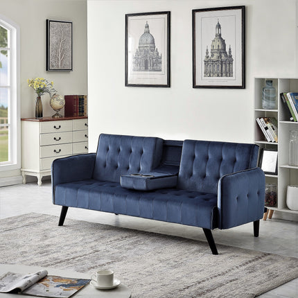 72' Velvet Convertible Sofa Bed with Cup Holders, Tufted Folding Futon Sleeper Couch, Mid-Century Modern 3 Seater for Small Spaces, 72' L x 34.6' D x 31' H, Dark Blue