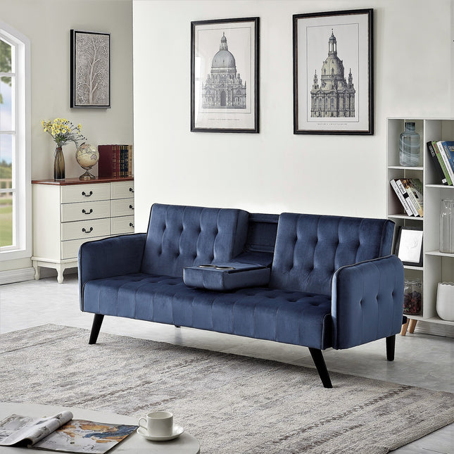 72' Velvet Convertible Sofa Bed with Cup Holders, Tufted Folding Futon Sleeper Couch, Mid-Century Modern 3 Seater for Small Spaces, 72' L x 34.6' D x 31' H, Dark Blue