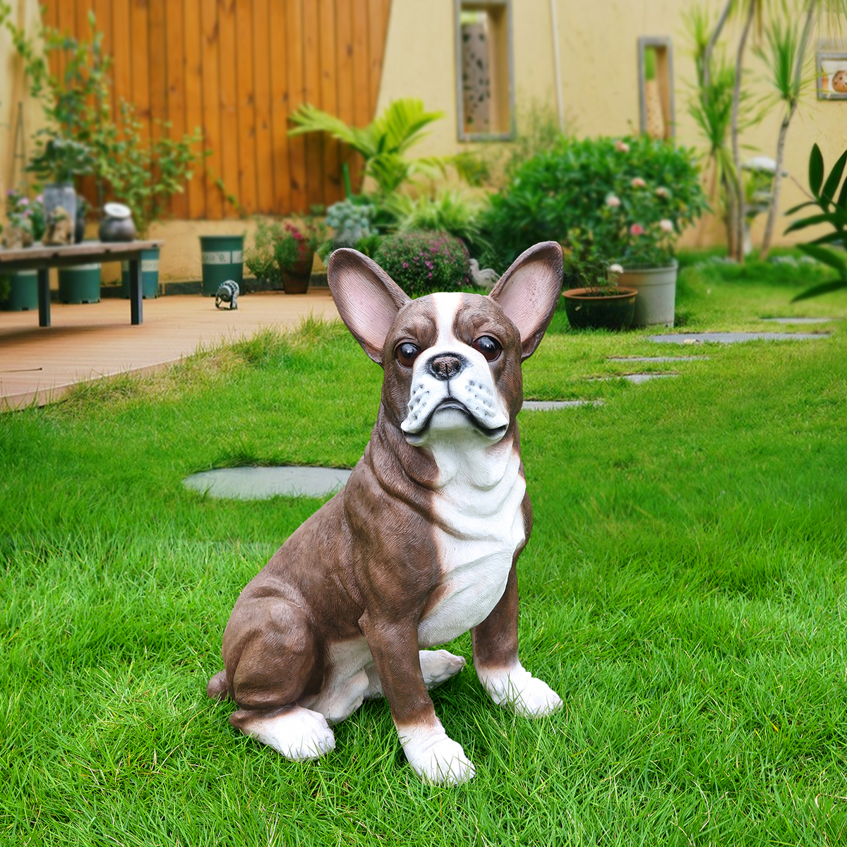 Lifelike French Bulldog Statue, Realistic Resin Animal Figurine for Indoor Outdoor Garden Lawn Yard Home Decor, Art Craft Gift, Dark brown+White