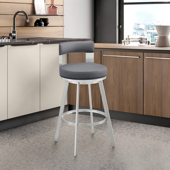 Nylun 26' Swivel Counter Stool in Silver Metal with Gray Faux Leather