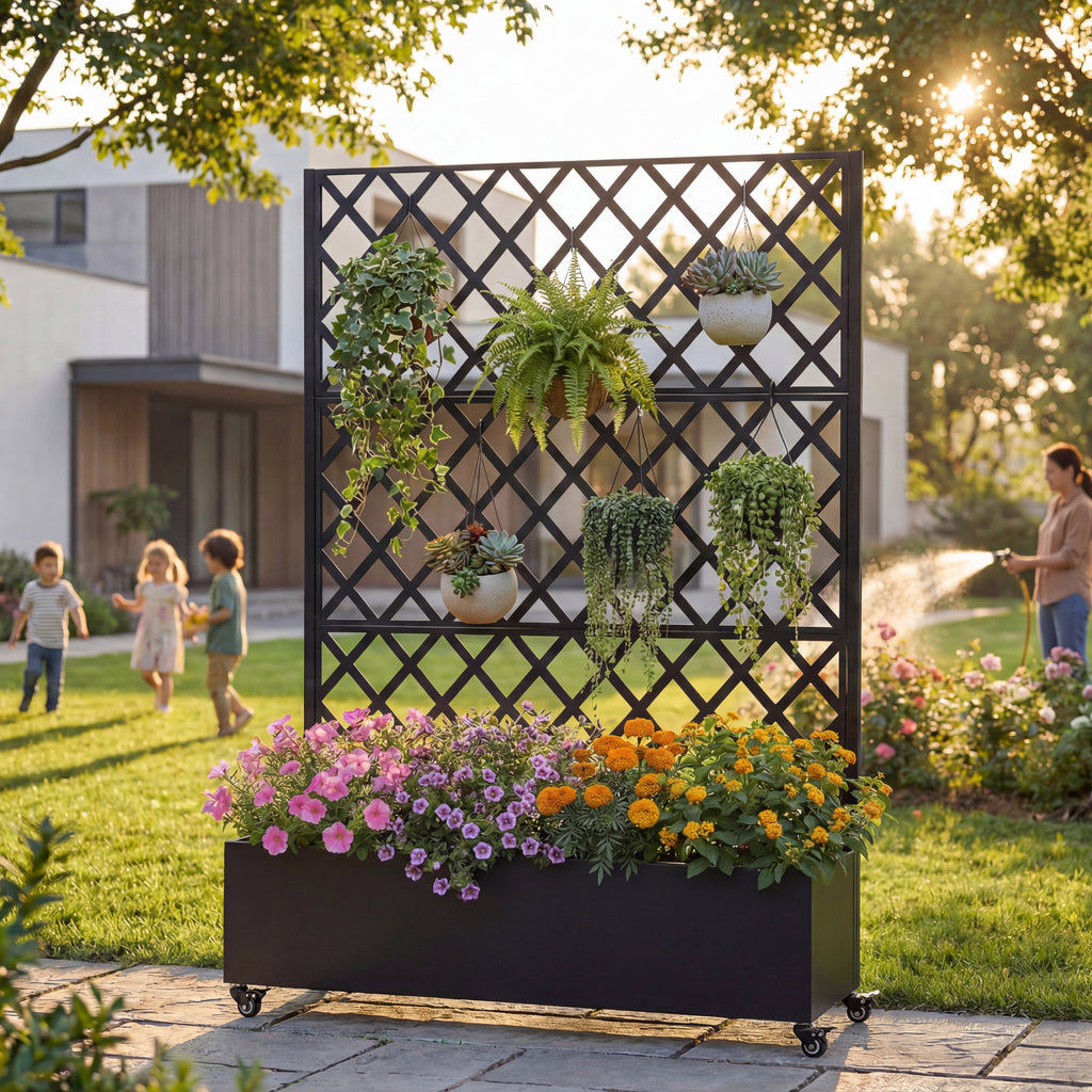 Metal Raised Garden Bed with Wheels and Trellis,73'x47'x16' Planter Box for Climbing Plants, Vegetables & Vines, Features Privacy Screen and Drainage Holes