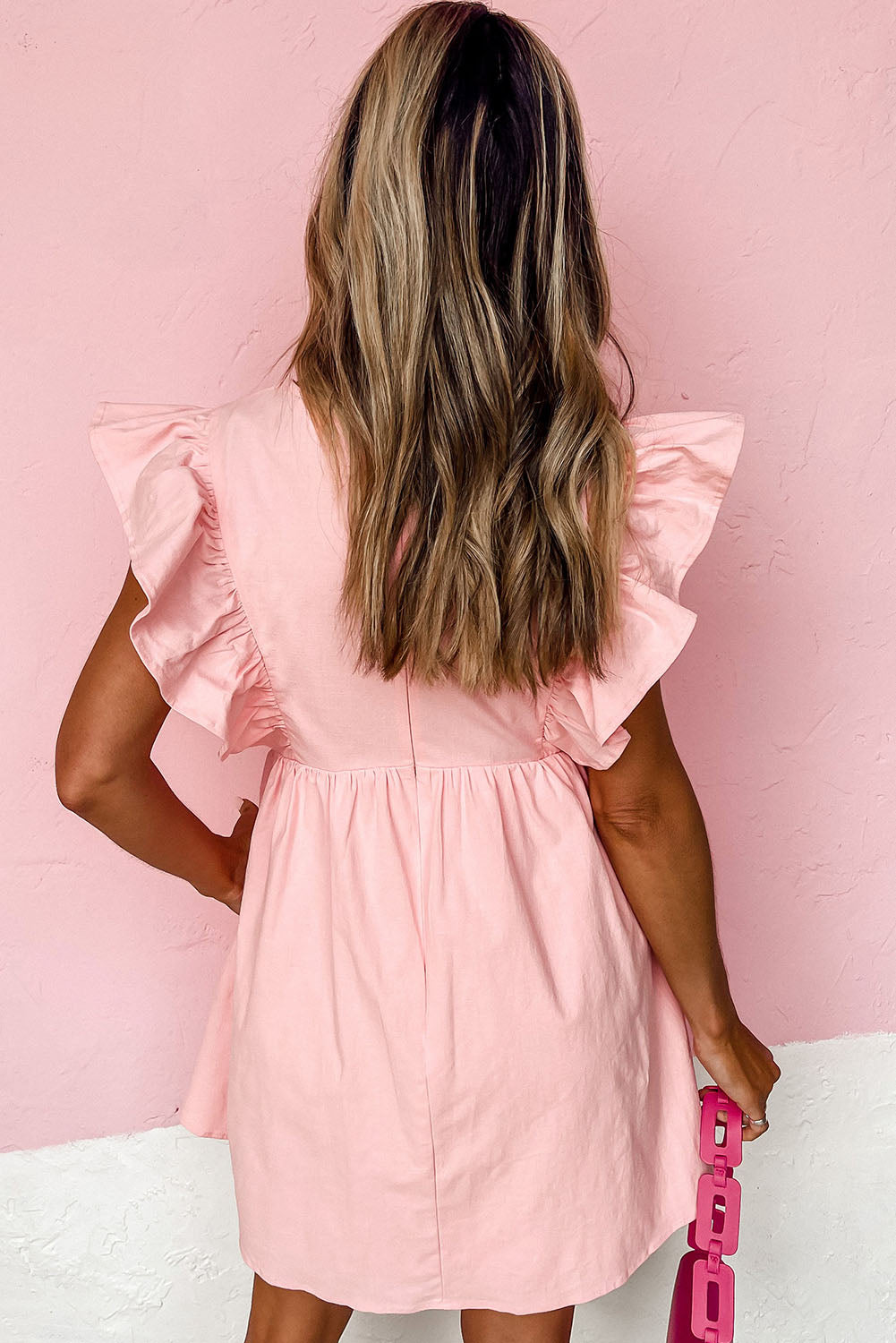 Pink Ruffle Short Sleeve V Neck Pocket Short Babydoll Dress - Eloy Royal