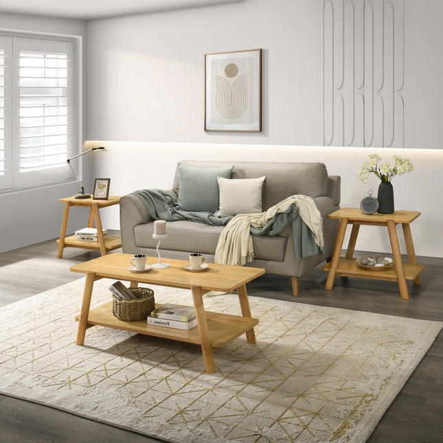 Metz 3-Piece Coffee Table Set, Coffee Table and Two End Tables, Natural Oak Finish