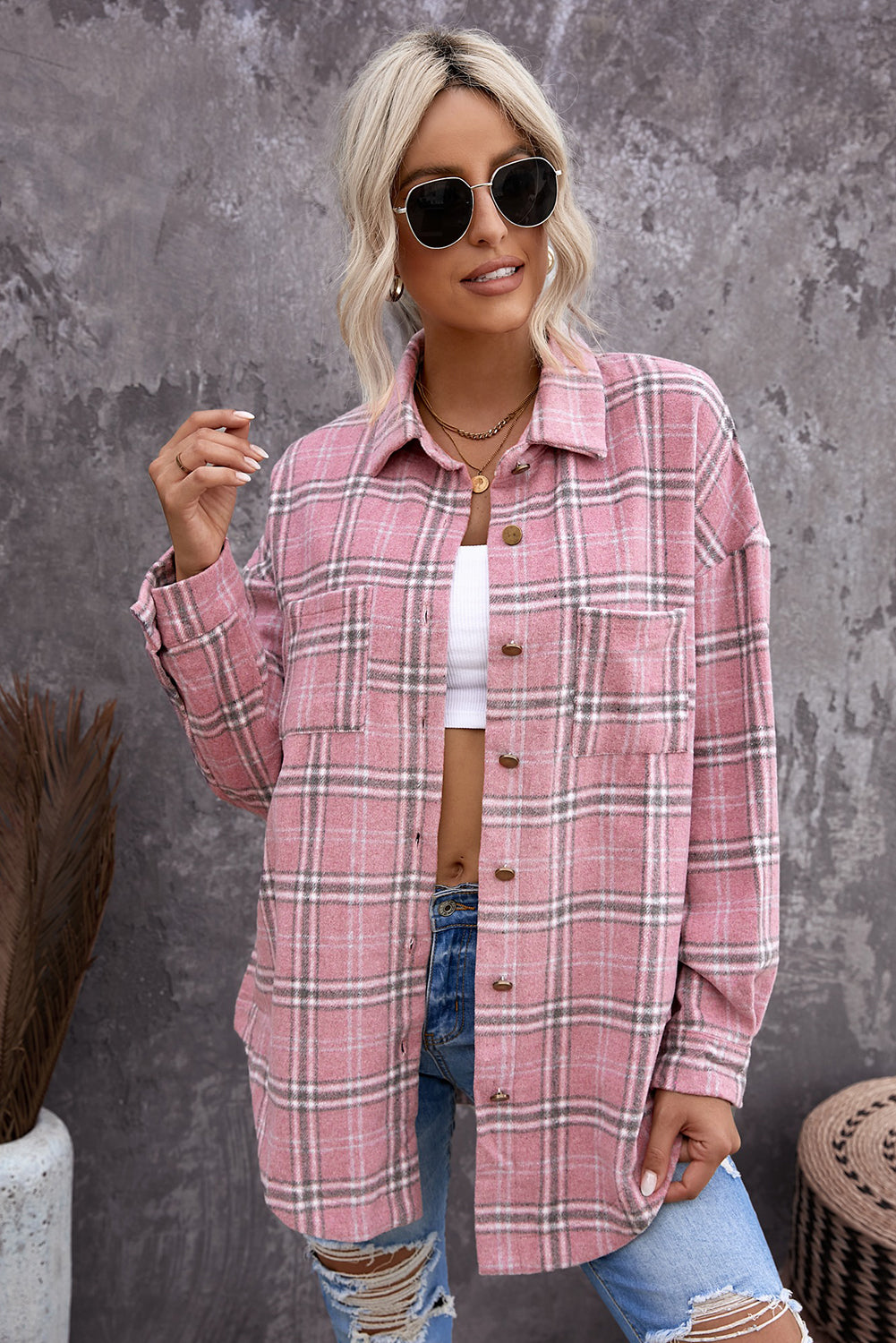 Wholesale Pink Plaid Casual Button Up Shirt Shacket with Slits - Eloy Royal