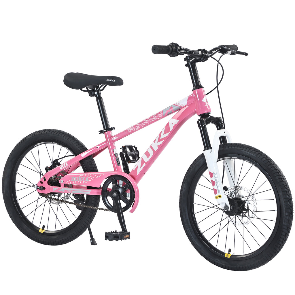 ZUKKA 20 Inch Mountain Bike for Kids Ages 7-10, Pink Steel Frame with Adjustable Saddle and Suspension Fork