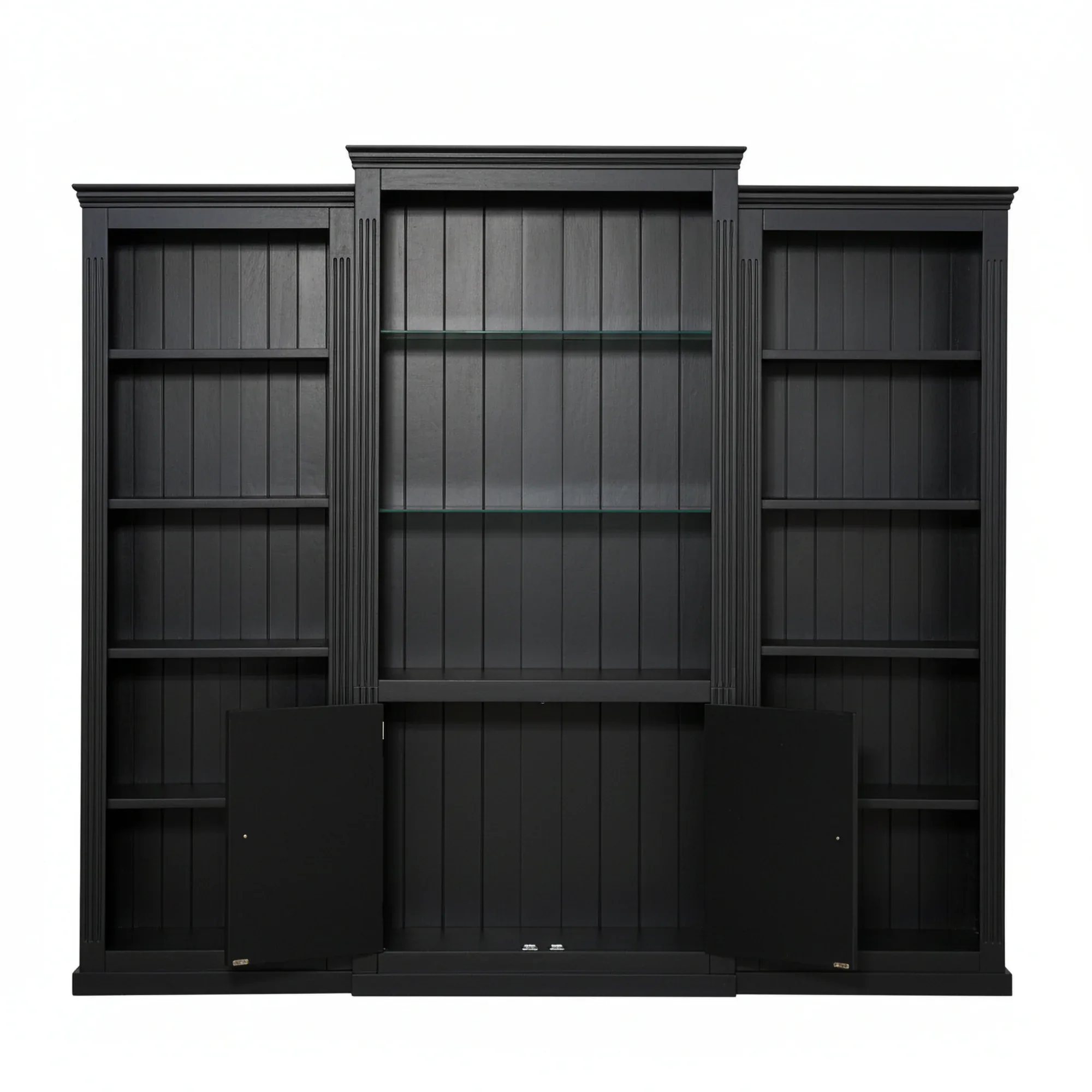 78.75'' Tall 3-Pieces Bookcase, Display Cabinet with 5 Colors Adjustable LED Ceiling Light, Retro style Bookshelves with tempered glass shelves for Living Room, Office, Studio or Workspace, Black - Eloy Royal