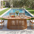 Light Teak Solid Acacia Wood Oval Outdoor Dining Table, Tapered Vertical Slatted Single Base, 500 LBS Weight Capacity, Large Patio Oval Dinner Table for Garden Pool Backyard