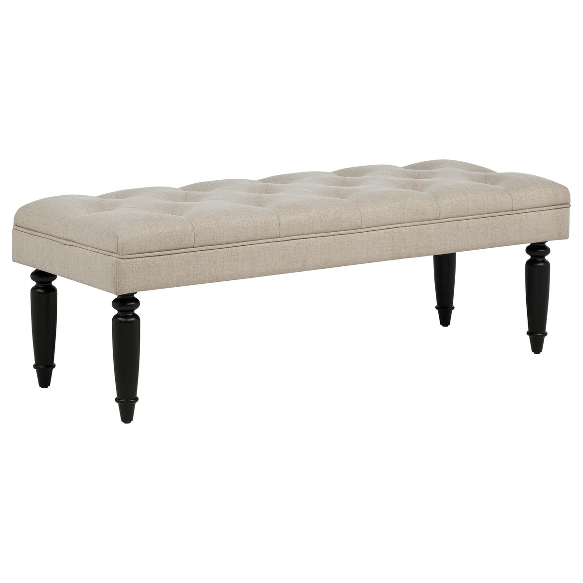 Latte Upholstered Entryway Accent Bench with Tufted Seat and Black Turned Wood Legs in Beige Fabric, 52.25 Inches Wide