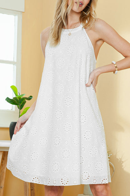 White Lace Eyelet Sleeveless O-Neck Keyhole Back Mini Dress - Eloy Royal