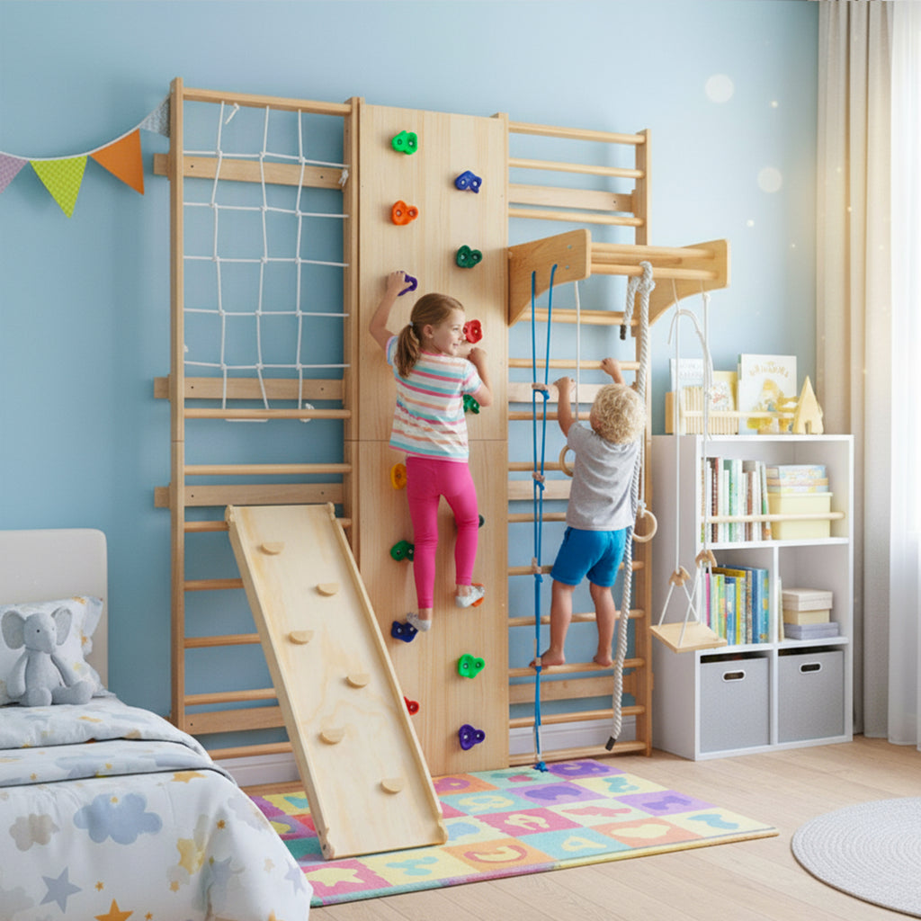 All-in-One 10-in-1 Indoor Climbing Set - Featuring a Rock Climbing Wall, Wooden Swings, Gymnastic Rings, Rope Ladders, and Stretching Equipment for a Home Fitness Playground