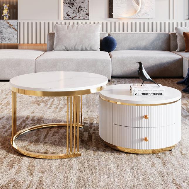 Modern 2 Pieces White Round Nesting Coffee Table with Drawers in 27.6