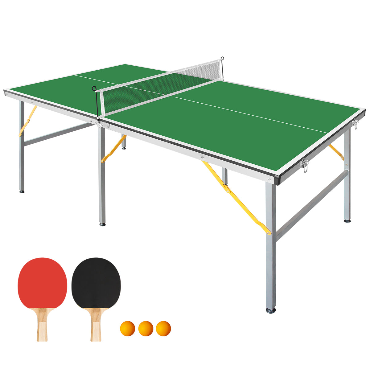 6FT Foldable & Portable Table Tennis Table – Mid-Size Ping Pong Table Set for Indoor Play, Includes Net, 2 Paddle, and 3 Balls with Green Tabletop