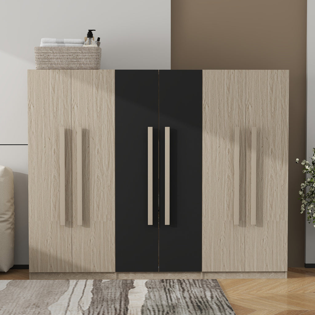 6-Doors Wooden Wardrobe Storage for Bedroom,with 2 Drawers Inside,Black+Nature