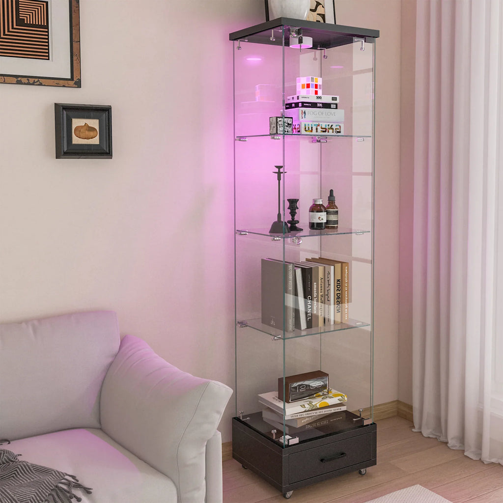 Modern Glass Display Cabinet with Drawer , Quick-assembly Antique Cabinet with LED lights, Tempered Glass Bookshelf, 1-Door Storage Case with 4 Shelves for Living Room and Bedroom, black - Eloy Royal