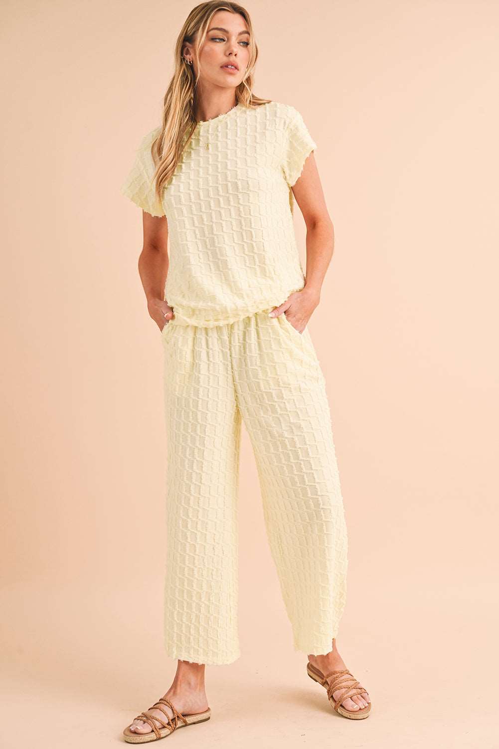 Apricot Lattice Textured Tee and Wide Leg Pants Two-Piece Set