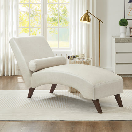 Chaise Lounge Chair with Bolster Pillow, Upholstered in Premium Tech Fabric – Mid-Century Modern Curved Lounger for Living Room, Bedroom & Reading Nook, 400 lbs Capacity, Beige