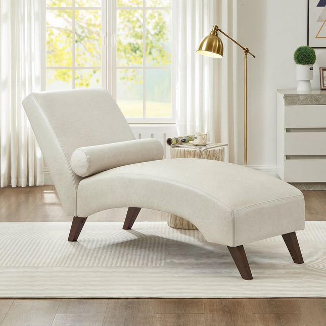 Chaise Lounge Chair with Bolster Pillow, Upholstered in Premium Tech Fabric – Mid-Century Modern Curved Lounger for Living Room, Bedroom & Reading Nook, 400 lbs Capacity, Beige