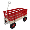 Red Wooden Wagon Cart with Folding Handle, Heavy Duty All-Terrain Kids Wagon for Outdoor, Garden, Camping, Beach & Playtime - Classic Pull-Along Utility Wagon