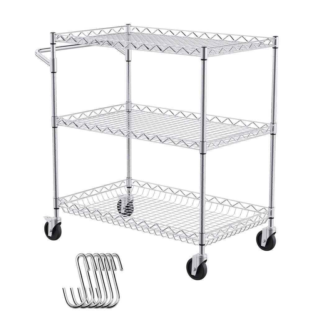 3-Tier Utility Cart Rolling Cart on Wheels 30'x18'x32.4' 661 LBS 6 Hooks