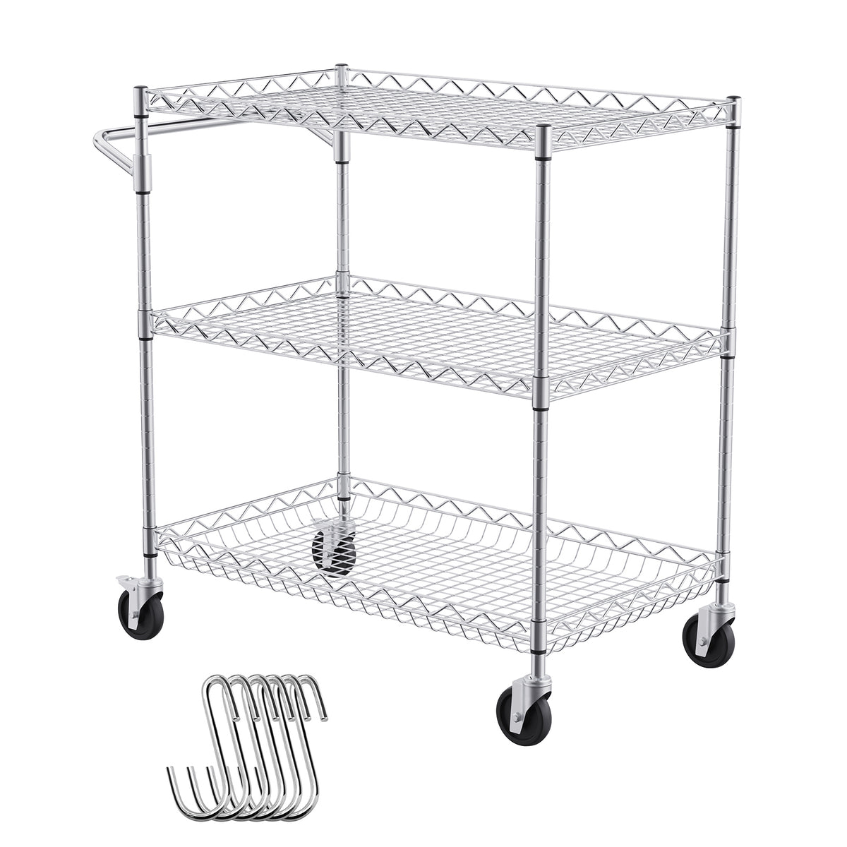 3-Tier Utility Cart Rolling Cart on Wheels 30'x18'x32.4' 661 LBS 6 Hooks