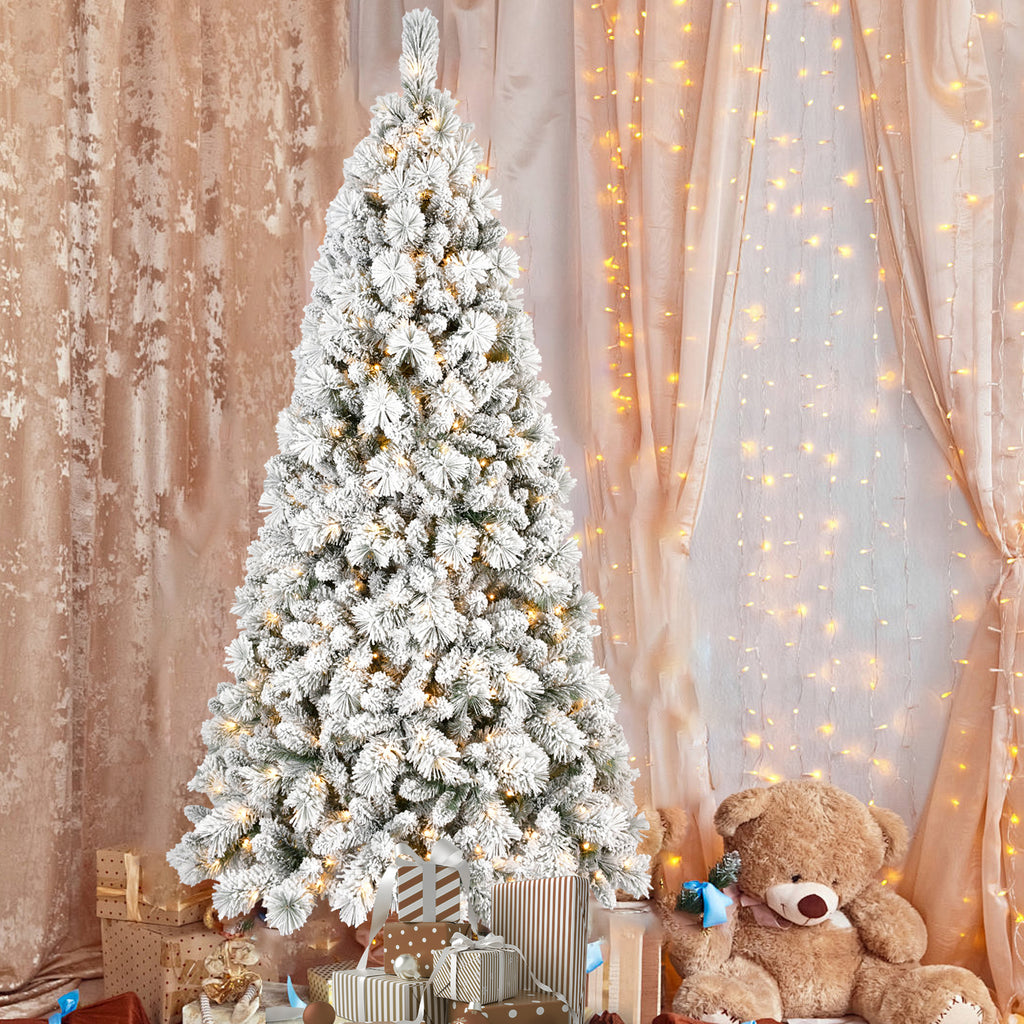 9FT Flocked Christmas Tree with 750 Warm White LED Lights – 1964 Tips, Snowy PVC & Hard Needle Branches, Hinged Design for Easy Setup, Sturdy Metal Stand – Full & Realistic Holiday Tree