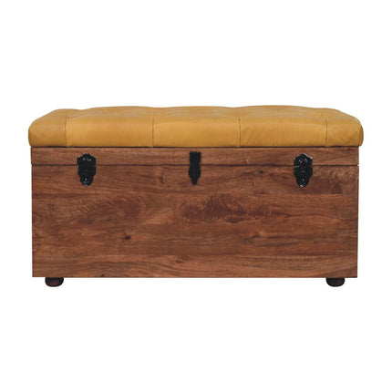 Solid Wood Buffalo Hide Honey Caramel Storage Trunk, Leather Upholstered, Yellow and Brown