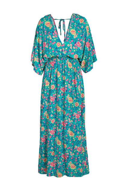 Floral Print Deep V Neck Flutter Sleeve Boho Maxi Dress - Eloy Royal